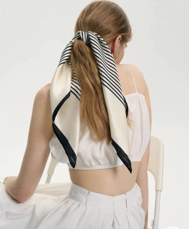 Foulard Shawl Silk Satin Geometry Lines White Black